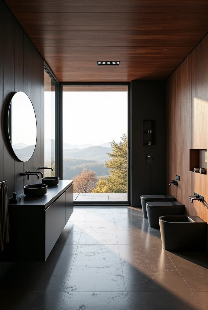 Salle de bain moderne très grande en bois et noir 