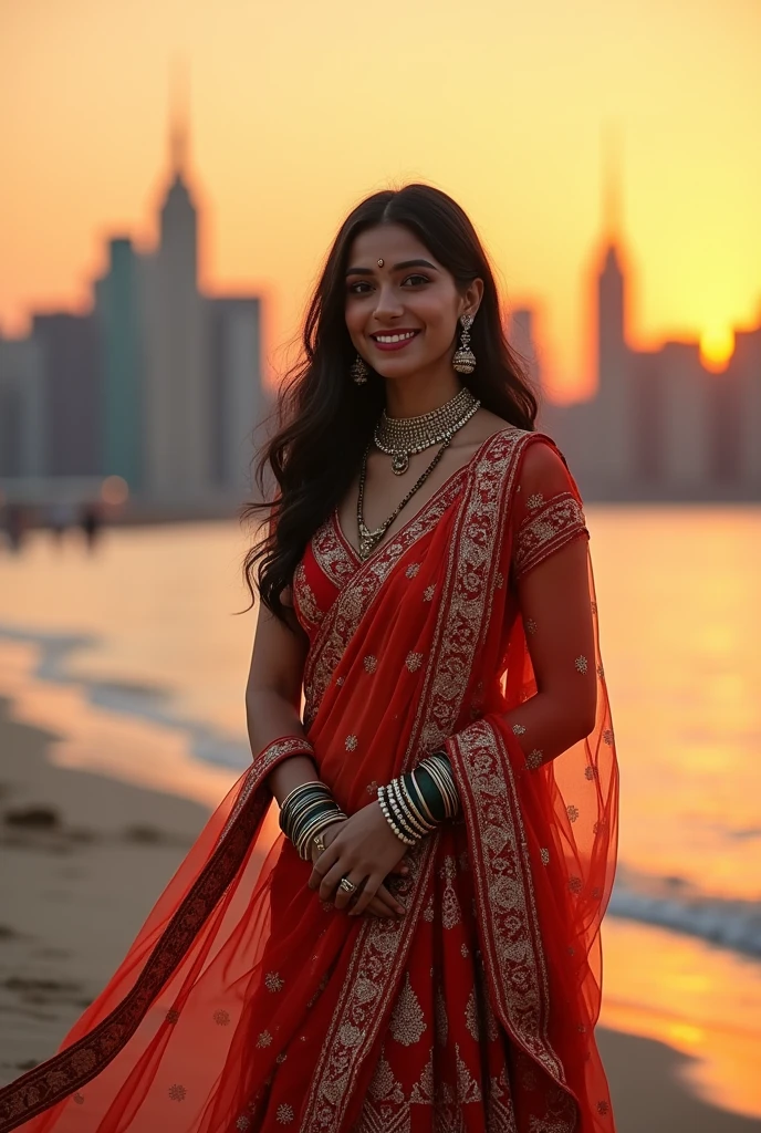 A beautiful indian women standing in new york city wore a traditional clothes with beautifull accessories she wores and clicking a photo of sunset on the beach with beautiful smile