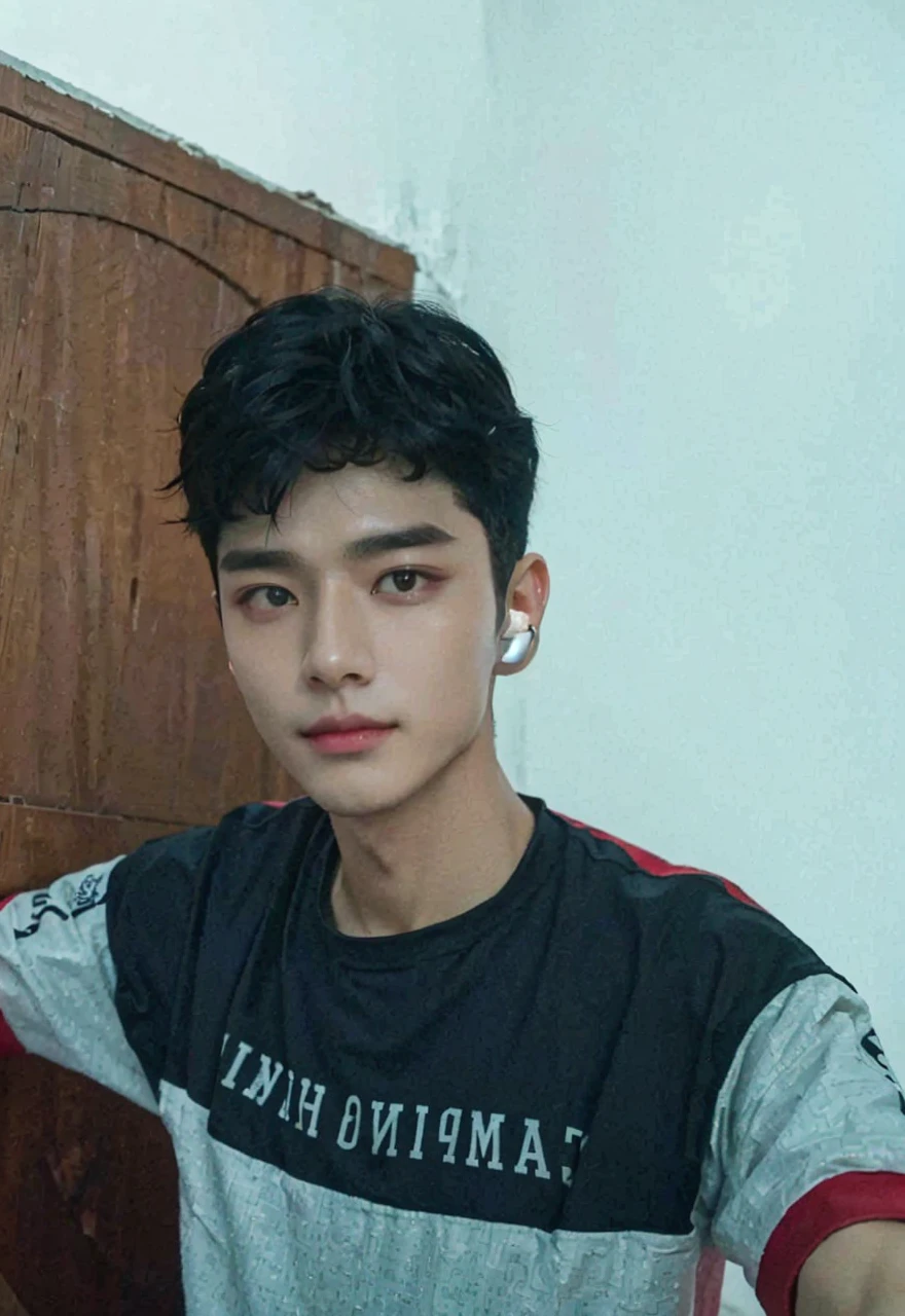 High-quality image quality、8K、real、1 male、beautiful face、perfect face、white skin、medium hair、hair style parted in the middle、black hair、korean idol、model、Street fashion、Yves Saint Laurent、Jacket、beautiful eyes、Hyunjin、shining smile、Upper body