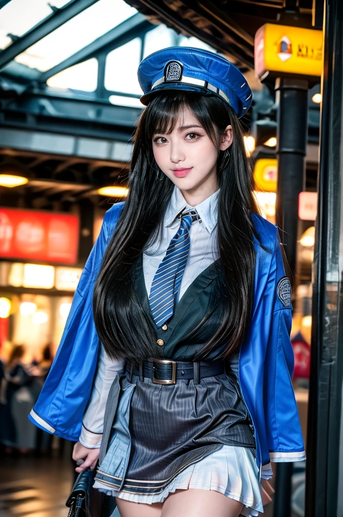 ultra-detailed、(8k、Highest quality、masterpiece:1.2)、(Realism、Realistic:1.37)、Ultra-high resolution、detailed face、(Highest quality)、(masterpiece)、1girl,Diesel,long black hair,blunt bangs,wearing Diesel's wear, railroad worker's cap,jacket,blouse,necktie, pleated miniskirt,white skirt,black high socks,slender body,diamond face,heart shaped face, Kind eyes, [half closed eyes],lowered eyebrows, natural makeup,happy smile:1.3,soft smile:1.5,standing, floating hair:1.5, touch hair:1.5,train station of future,