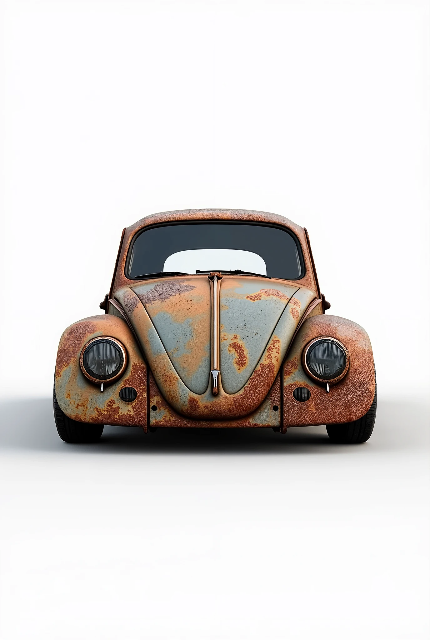Create an old, rusty VW Beetle. The car should have a worn and aged appearance, with visible rust patches and corroded metal. The scene is set against a completely white background with no shadows. The Beetle should be fully rendered with sharp, high-quality details, emphasizing the texture of the rust and the aged surface. Ensure that the entire car is within the frame, with no parts cut off or outside the edges of the image, UHD, masterpiece, textured surface, super detailed, high quality, 8k.