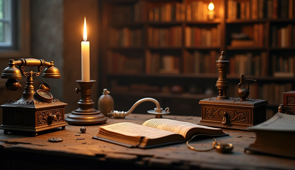 There is a candle and some vintage items on both sides of the table，Vintage telephone、magnifier、Glasses and other vintage items，Blank space in the middle、Alchemist&#39;s Library Background, Magic Library, Exquisitely detailed miniature model, ancient library, Detailed scenery —width 672, High Detail photo, Small Library, Fantasy Alchemist&#39;s Laboratory, High Detail), gothic library, Ultra-detailed pictures, The wizard's apothecary, Gothic Epic Library, Magician&#39;s Chamber