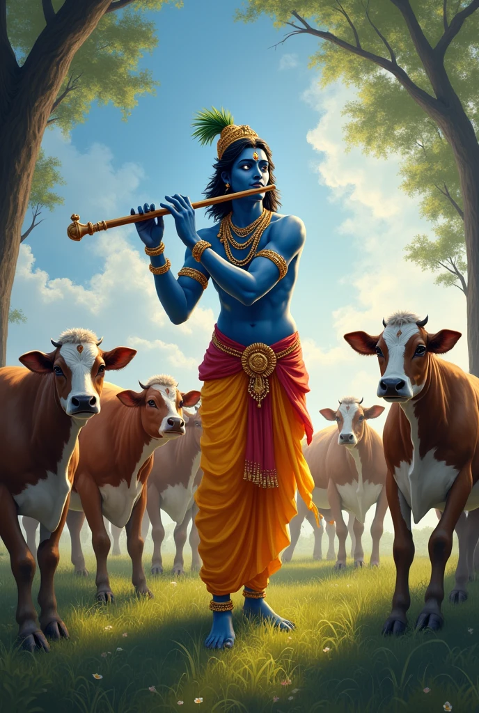 Sri Krishna mesmerizing cows and Gopika with flute