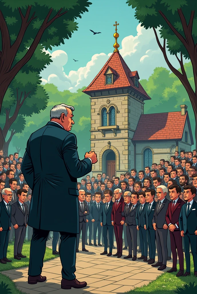 Let's create a cartoon about a historical park in Bulgaria, where the boss has an obsession with grandeur and his subordinates are ready to die for him, regardless of the fact that he manipulates them financially by taking their money, lying to them about how green energy will kill the population and nature