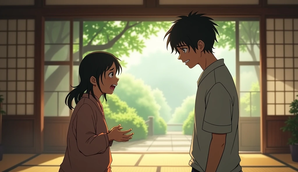 a  son arguing with his mother who is crying, a mother who is crying her son a young adulthting with her, hyper identical art style to Studio Ghibli, hyper identical art style to Studio Ghibli, hyper identical art style to studio ghibli, art style hyper identical to studio ghibli