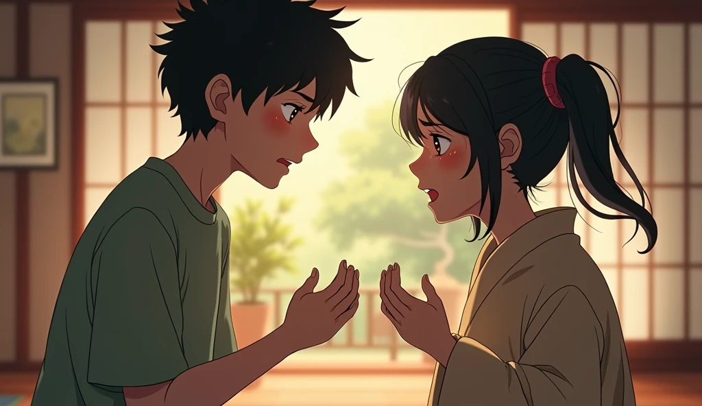 a young adult son arguing with his mother who is crying, a mother who is crying her son a young adult son is fighting with her, hyper identical art style to Studio Ghibli, hyper identical art style to Studio Ghibli, hyper identical art style to studio ghibli, art style hyper identical to studio ghibli
