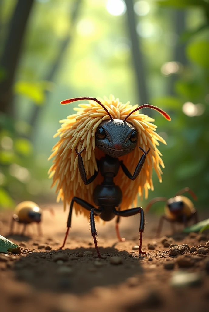 Andy the Ant Working Hard:**
   - "A close-up view of a small, determined ant named Andy carrying a large grain of rice on his back. The background shows a lush green forest with tall trees, sunlight filtering through the leaves, and other small insects going about their work. The ant is on a dirt path leading to a well-constructed anthill, which is partially visible in the distance."
