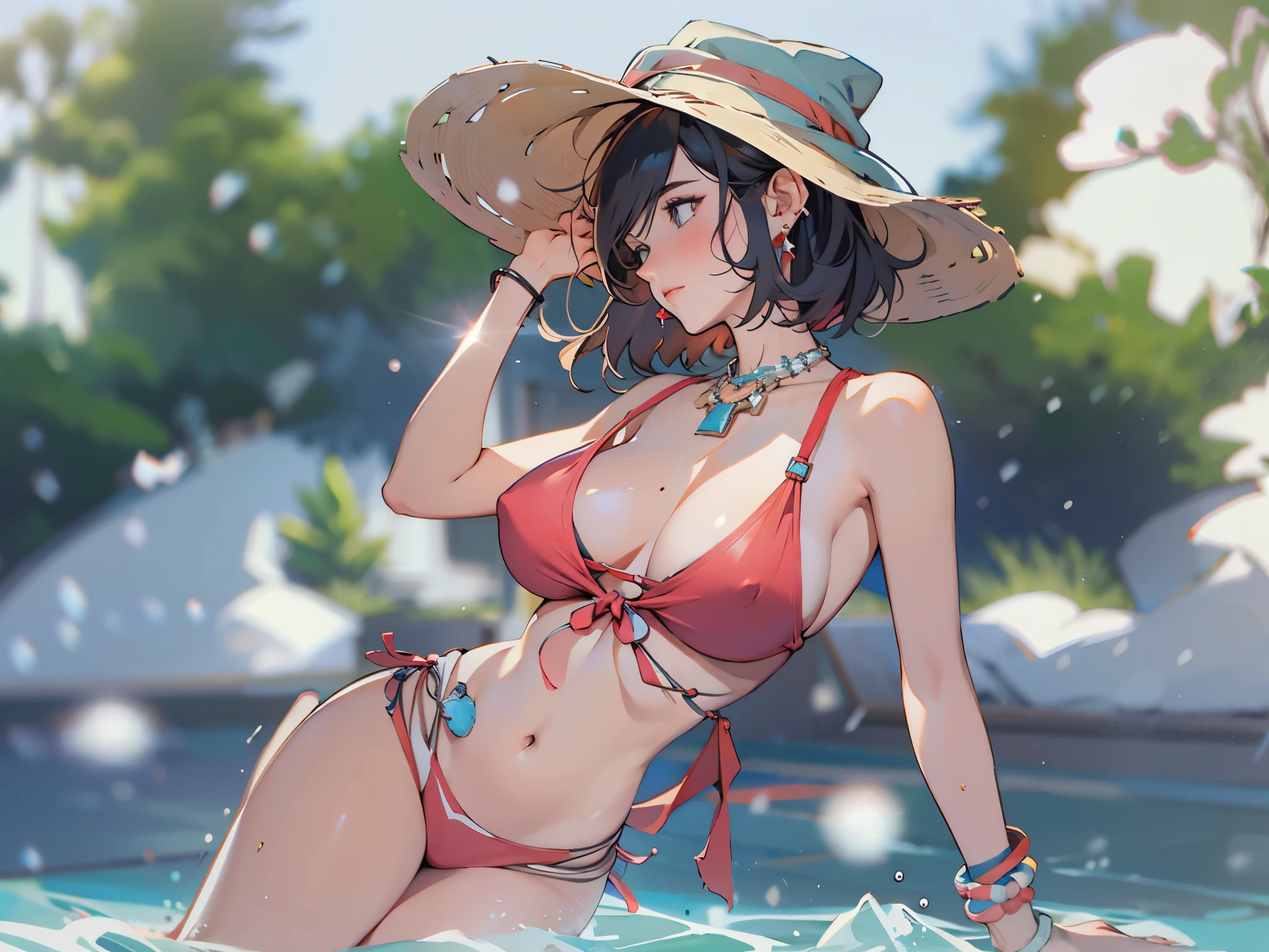 ((Snow field)),one person, Short Bob Hair, chest, blush, bionde, Earrings, necklace,bracelet,anklet,Waist Jewelry,Highest quality, Anatomically correct, Lens flare, High resolution, Highest quality, Attention to detail, 超High resolution, Wide-angle shot, far and near method, Swimwear,Kneel,,Put your hands forward to emphasize your chest,Red Bikini,Adult wheremen,where_Eva Green 01,8k octane, figure, Ghibli-style colors, Nipples are not drawn