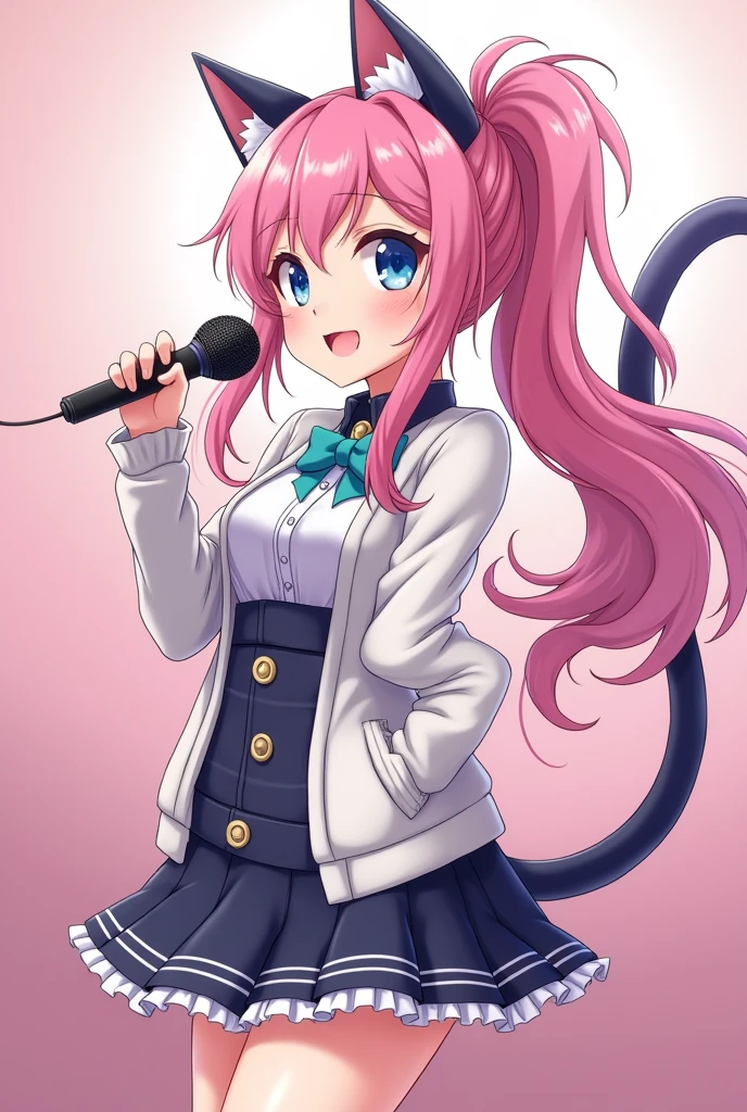 A magical girl with anime aesthetics who is an idol with long pink hair in a ponytail and cat ears and tail., blue eyes, wearing a short skirt and with a microphone in her hand singing