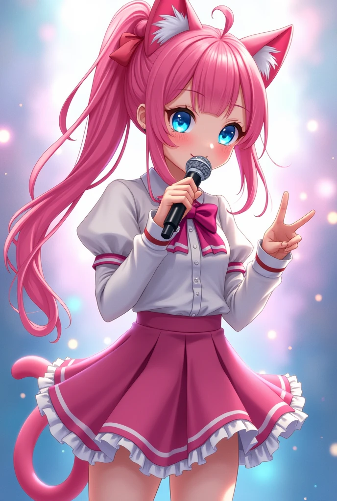 A magical girl with anime aesthetics who is an idol with long pink hair in a ponytail and cat ears and tail., blue eyes, wearing a short skirt and with a microphone in her hand singing
