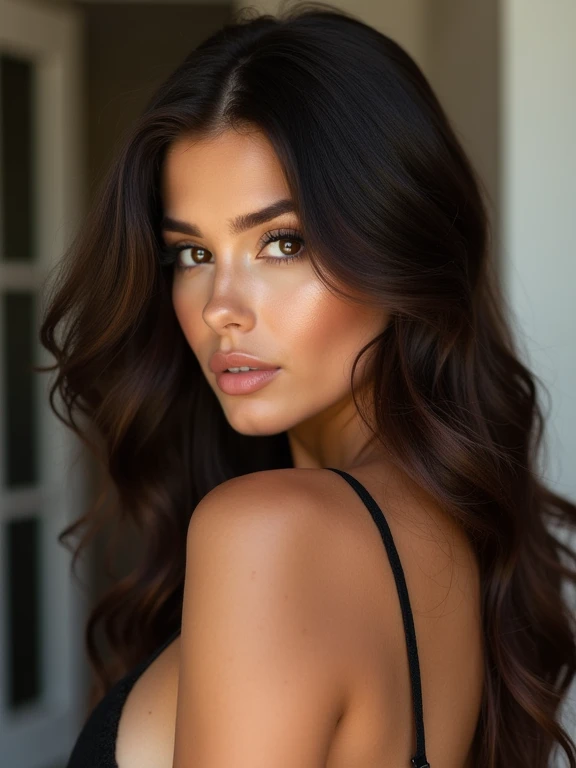 superbe femme brune (Mensurations corporelles 90 60 120) qui fait des photos Instagram en tenue légère avec un visage réaliste 