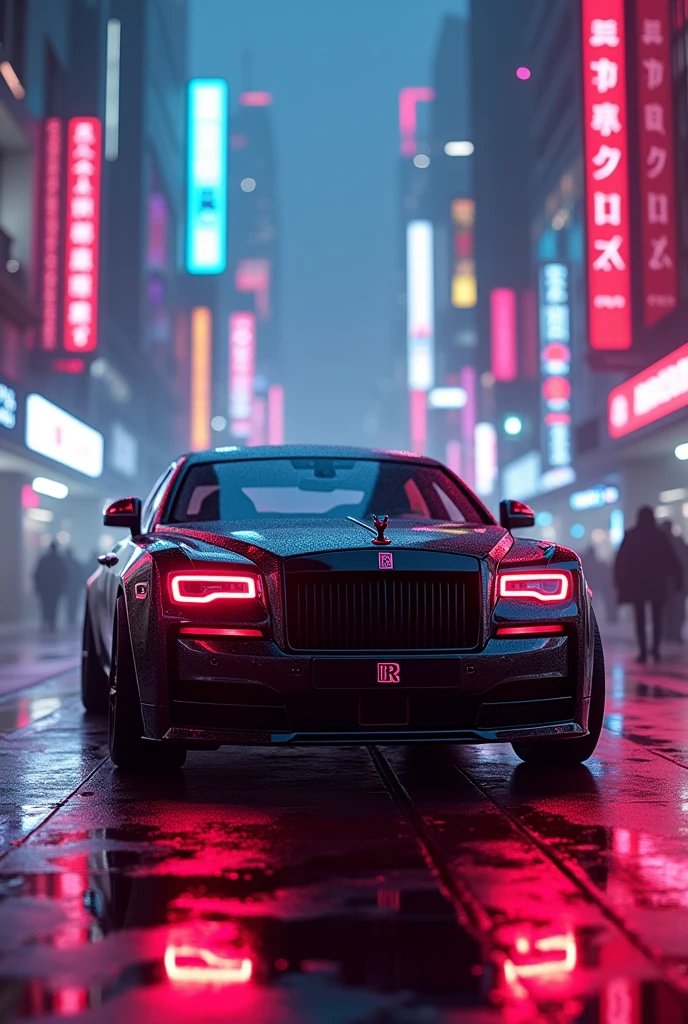 A Rolls Royce Ghost black badge in a Cyberpunk city with pink and blue colour light with red headlight