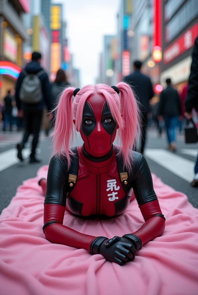 ((Highest quality)), ((masterpiece)), (photograph), (Japanese women), (Deadpool costume and makeup:1.2), (White letters on the chest「mu-mi」it is written like this:1.2), Deadpool woman with pink hair and twin tails、Lying on a pink bath mat at Tokyo&#39;s Scramble Crossing、Surrounded by passers-by。