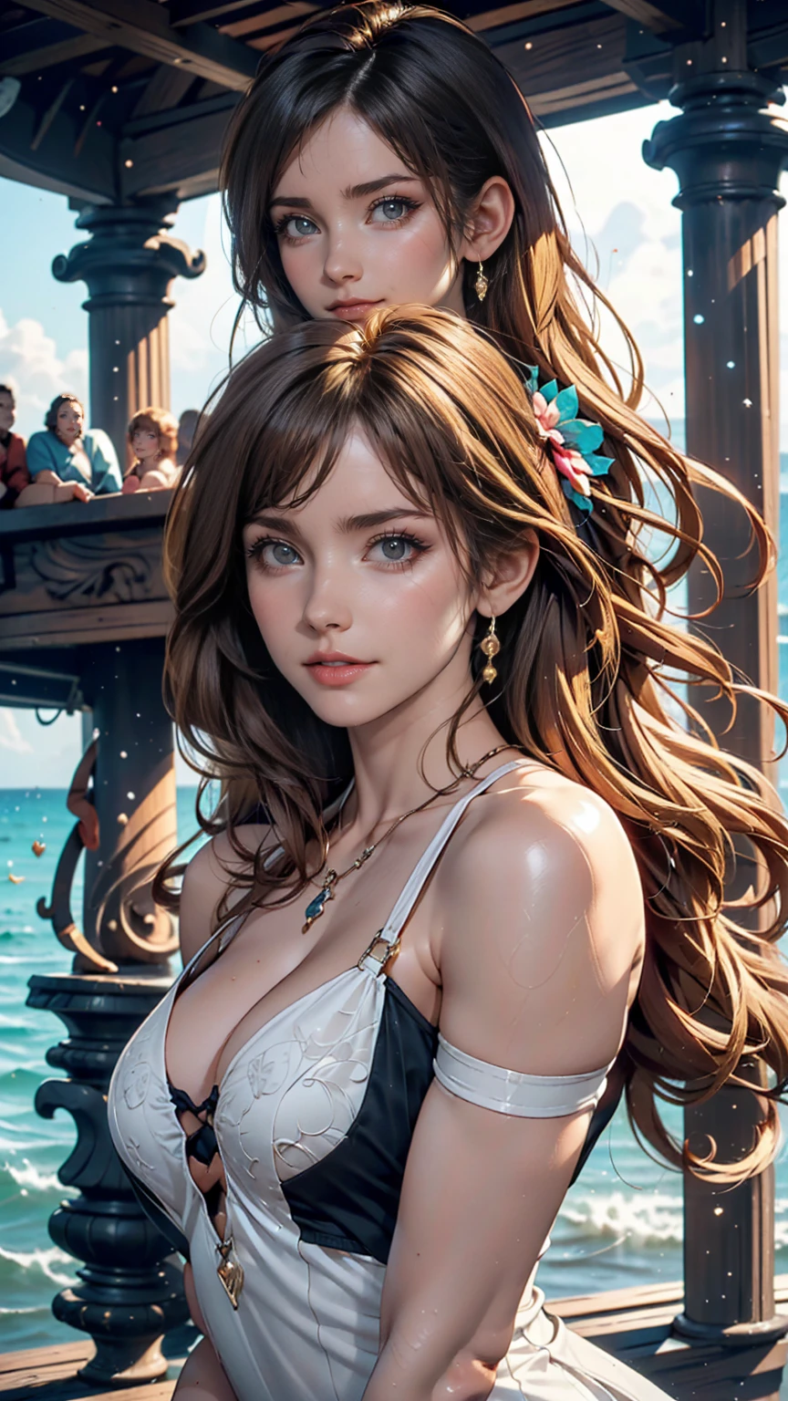 ( high quality , Super detailed, Watch your hands )Zodiac sign - Gemini Goddess , Similar to the goodness of Latin , Twin Goddesses , Curious, Skillful, Humorous, Fascinating, Imaginative faces , Sometimes unrealistic, Restless, Nervous, Careless style ,  Light brown eyes , Light blonde hair , Transparent dress , In the windy sea  , whole body , Sexy Makeup ,