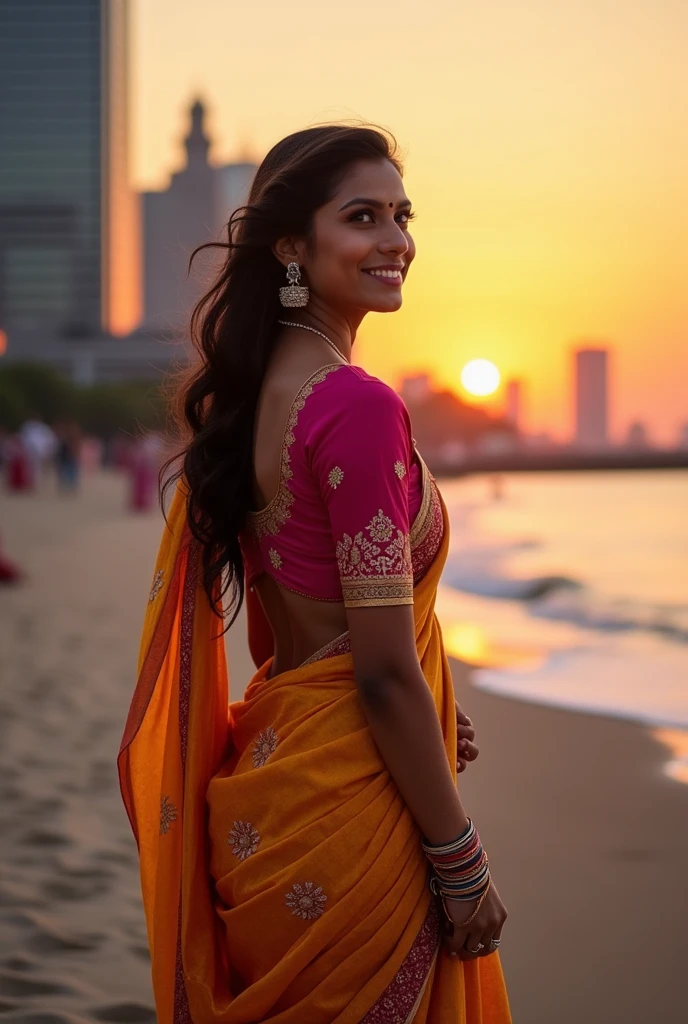 A beautiful indian women standing in new york city wore a full clothes
with beautifull accessories she wores and clicking a photo of sunset on the beach with beautiful smile