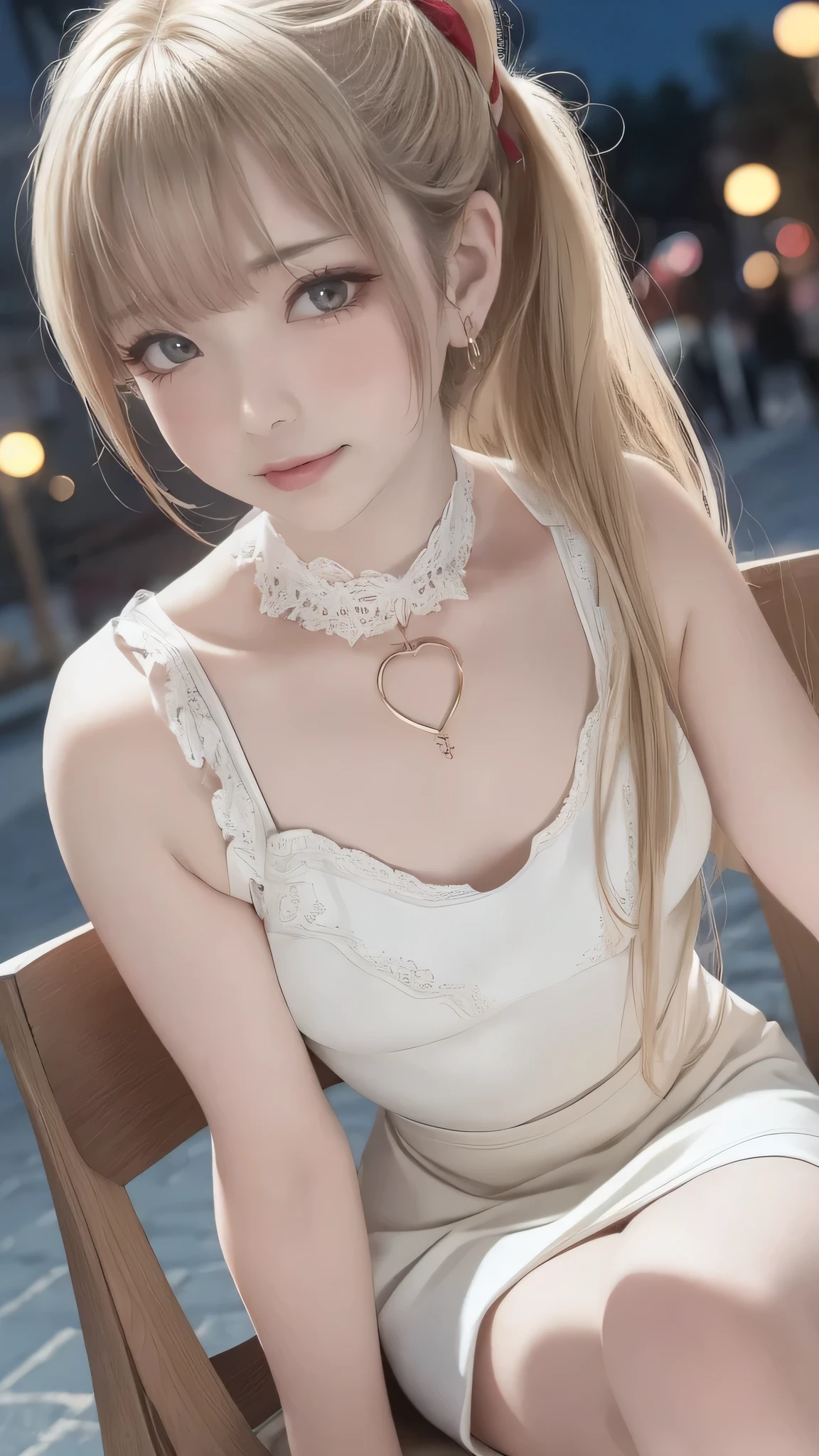 (masterpiece),(highest quality:1.2),((Perfect Anatomy)),(Perfect Fingers:1.3),(The right move:1.3),(1 girl),(Flat Chest),highest quality,Blonde ponytail,Blunt bangs,(From the side)(Glancing sideways),Beautiful and detailed red eyes,Beige Capelet Fashion,Sitting in a chair,Outdoors at night,Disappointed,Cinema Lighting,Written boundary depth,Bokeh,Pastel Tones,Captivating smile