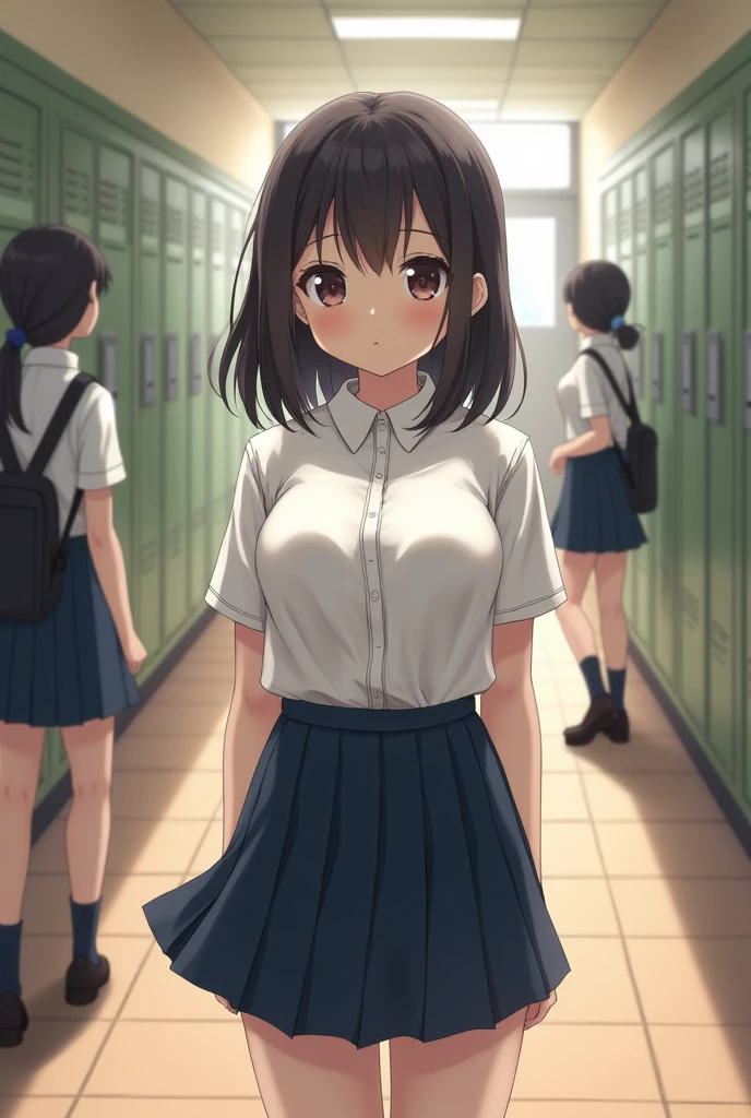 Japanese 、high school girl、He is short、Her chest is E cup