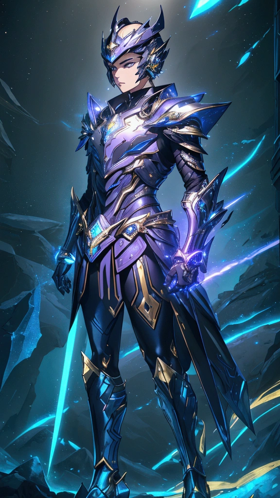 It's a man. The image presents a highly detailed and futuristic armor designed for a male warrior. The armor combines elements from different parts to create a cohesive and powerful look. Helmet: The helmet features a sleek, aerodynamic design with a golden metallic finish. It has a central crest that rises upwards, and the visor glows with a bright blue light, giving it a high-tech, futuristic appearance. Pauldrons (Shoulder Pads): The shoulder pads are designed to be close to the chest, with angular lines extending smoothly toward the shoulders. They have a polished golden finish and curve elegantly upward, creating a harmonious transition between the chest and shoulders, while providing a majestic and protective look. Chest Plate: The chest plate is intricately segmented, with a combination of gold and dark metallic blue. It has a gem-like crystal in the center that emits a soft, mystical glow. The design of the chest plate is both protective and regal, with sharp, angular lines that add to the overall futuristic aesthetic. Arm Guards: The arm guards are sleek and streamlined, with articulated golden and purple segments that offer flexibility and protection. The design of the gauntlets is both robust and elegant, incorporating futuristic elements that blend with the classic style. Leg Armor: The legs are armored with segmented plates that are primarily gold and purple. The boots are angular and sturdy, with a design that conveys both strength and agility. The overall look of the leg armor is grounded yet sleek, completing the ensemble with a powerful stance. The background of the image is a dark cosmic scene, filled with distant stars and nebulae that highlight the polished surfaces of the armor. Dynamic lighting is used to emphasize the key features, particularly the glowing visor and central chest gem, reinforcing the mystical and imposing nature of the warrior.