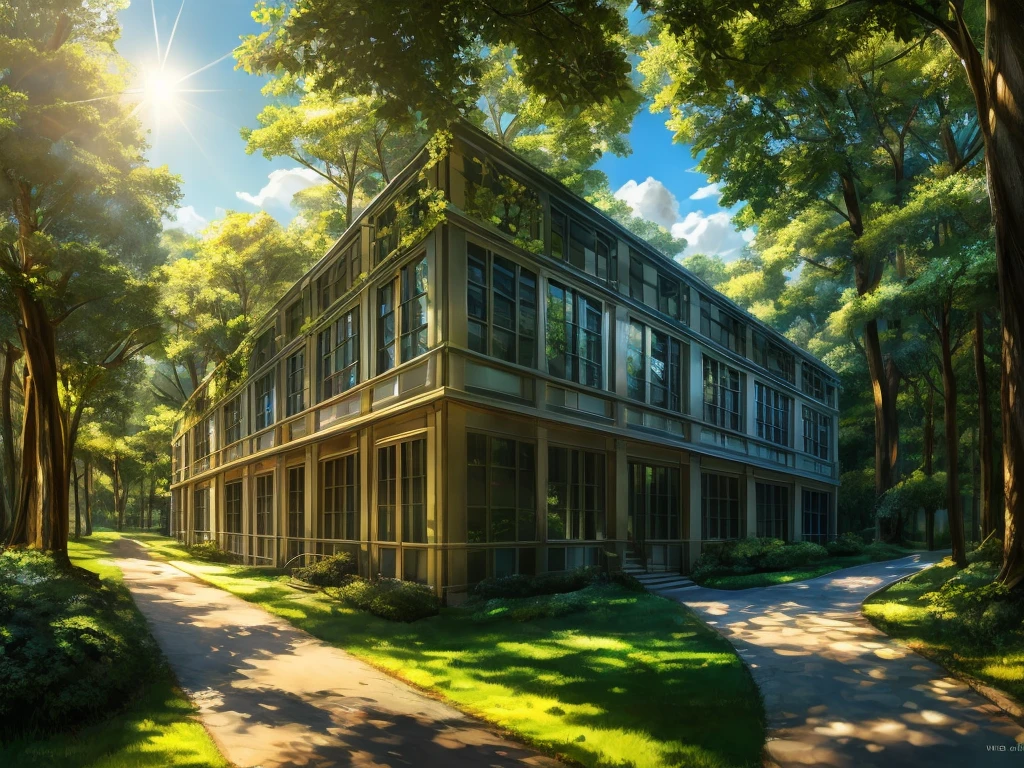 A beautiful dormitory building on a sunny morning, surrounded by lush green forest, with a winding path leading through the trees. The sunlight filters through the trees, casting soft shadows. The sky is clear and blue, with a few fluffy white clouds. The building has large windows, reflecting the sunlight, and there are birds flying in the distance.