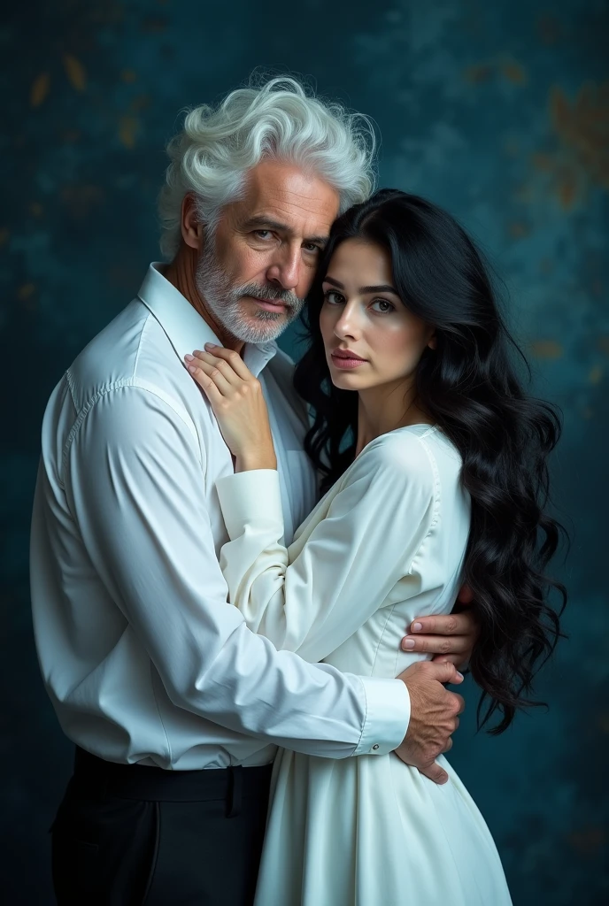 A white-haired man 2 hugs a woman Long black hair, white body, white clothes, 26 years and both of them look at the camera, theme color picture is a blue mixed black and white