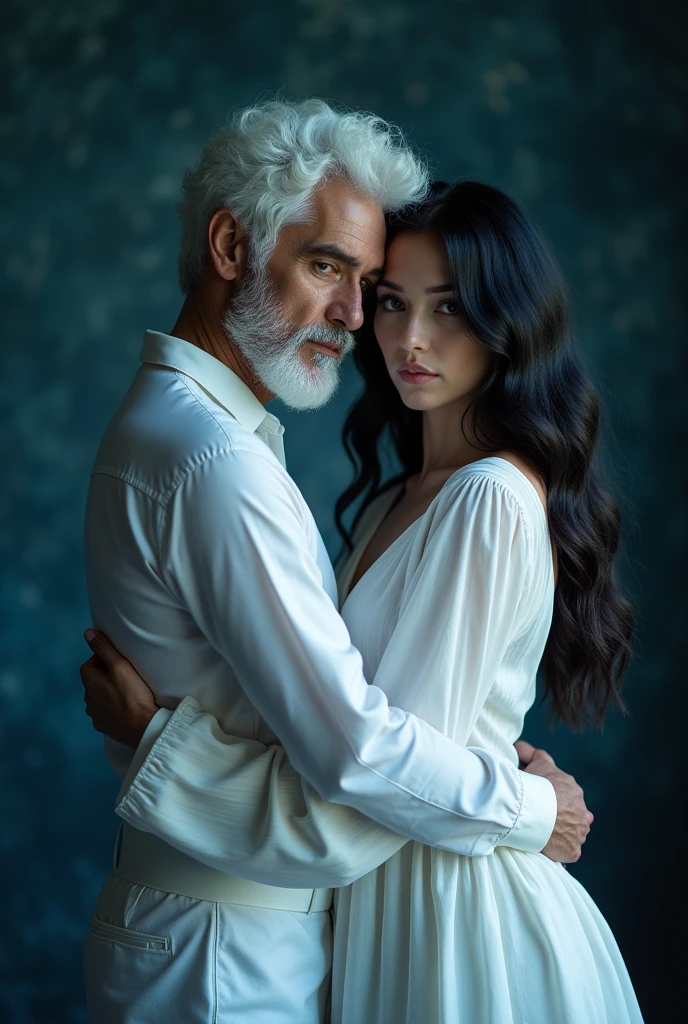 A white-haired man 2 hugs a woman Long black hair, white body, white clothes, 26 years and both of them look at the camera, theme color picture is a blue mixed black and white