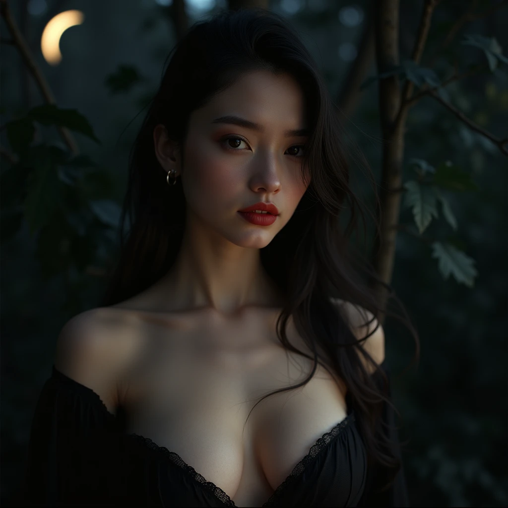a beautiful 18yo girl, close-up shot of large breasts, pale skin, red lipstick, crescent moon, detailed facial features, delicate facial expression, dramatic lighting, chiaroscuro lighting, ethereal, moody, sensual, cinematic, award-winning digital art, elegant, highly detailed, photorealistic