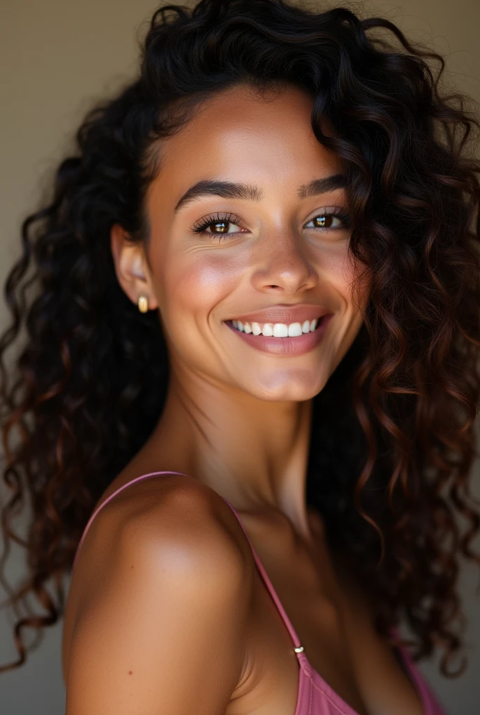 Beautiful lightskin woman, long curly hair, passport profil picture, smile
