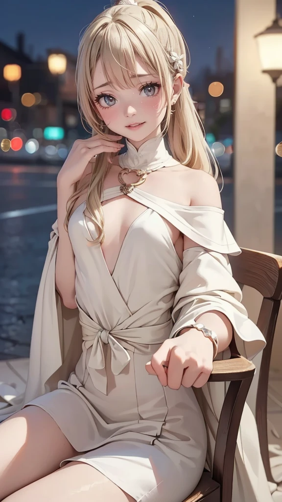 (masterpiece),(highest quality:1.2),((Perfect Anatomy)),(Perfect Fingers:1.3),(The right move:1.3),(1 girl),(Flat Chest),highest quality,Blonde ponytail,Blunt bangs,(From the side)(Glancing sideways),Beautiful and detailed red eyes,Beige Capelet Fashion,Sitting in a chair,Outdoors at night,Disappointed,Cinema Lighting,Written boundary depth,Bokeh,Pastel Tones,Captivating smile