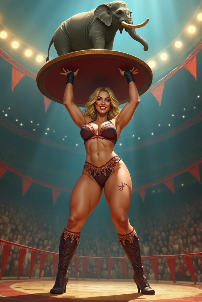Beautiful smiling blonde girl painted as a clown with short hair, blue eyes, BBW, big butts, high lingerie, socks, Boots, Muscular woman lifts a platform with an elephant on it over her head with super strength .in a circus ring .