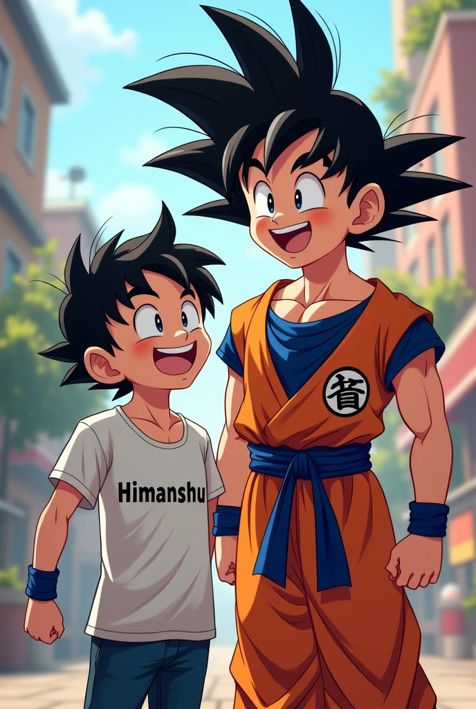 ek ladka Jo anime character ki tarah dikhta hai uski tshirt ke aage HIMANSHU Naam likh raha hai aur use ladke ke sath goku khada hai or dono has rahe he
