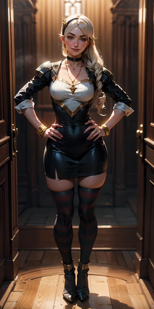 (Forrest (Fire Emblem Fates) LoRA
) 1 solo female full body standing straight symmetrical, looking at viewer, hands on hips, twin drill hairstyles, striped tights, golden bracelets, black choker with a golden heart pendant, hands on hips, confident smile, blushed cheeks