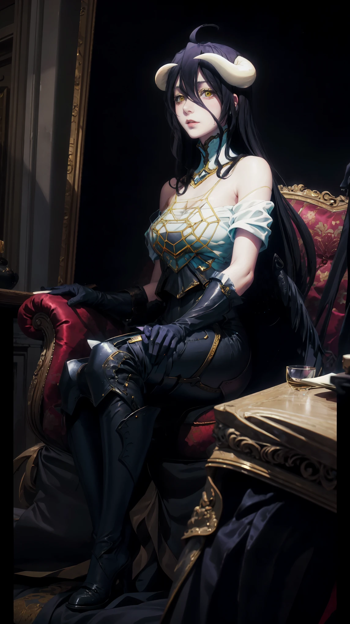 albedo, waifu aesthetic. Albedo sitting in a fancy couch.  suit with patterns and details. Perfectly detailed face with an arrogant look,  sculpted and proportional body in a beautiful pose, high detail. big black wings folded against the body. perfect portrait concept art, Dark tones.Wear a black flower on your head，beauitful face，crisp breasts，Convex buttocks，Wearing a black gauze tights，Wearing a black military uniform overcoat，perfectly proportioned, Cinematic lighting, filmgrain, Fujicolor, lightand shade contrast, 8k, Masterpiece, Textured skin, Super detail, high detal, High quality, A high resolution,