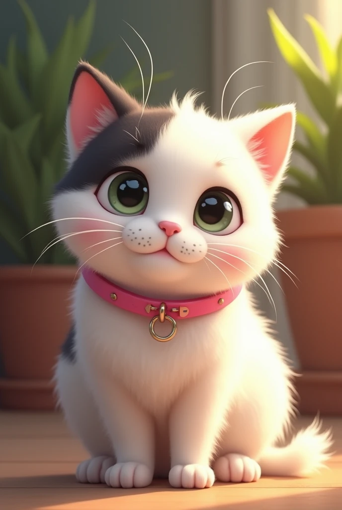 Image of my cat named Grey, she is a little overweight, she is white but on her back there is a black spot on her face, her ears are black, her eyes are also black, only her nose and mouth are white, her whiskers are big and she wears a pink collar.. your eyes are blue