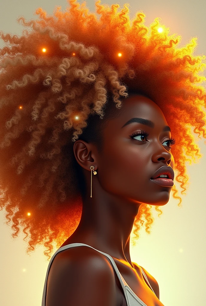 A Black woman with long, voluminous, copper-orange afro curly hair, featuring white and blonde highlights, with small rays incorporated into her hair