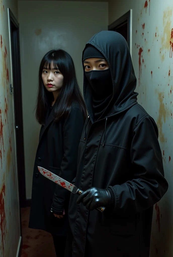 2 korean girls, (holding knife, black balaclava mask), stabbing, black leather gloves, entrance of the house, black raincoat, girl only, bloody knife, leather gloves, looking at viewer, blood splatter, night, mass murderer, killer, blood splatter, bloody room