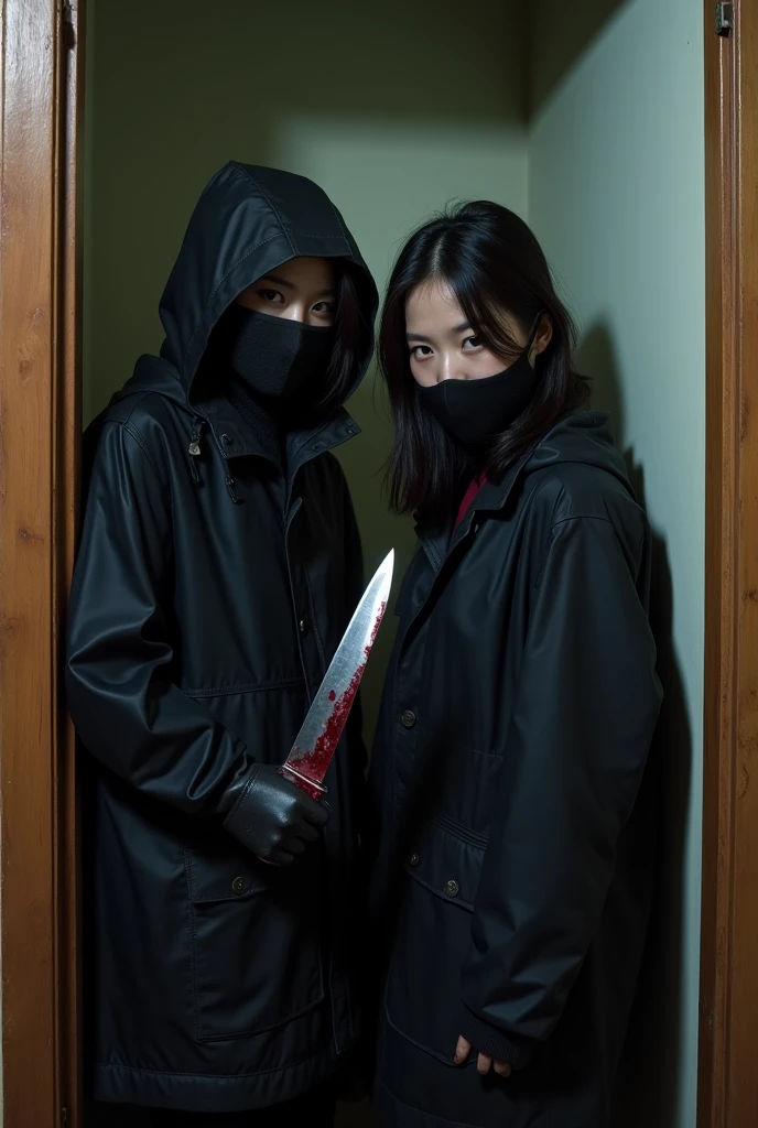 2 korean girls, (holding knife, black balaclava mask), stabbing, black leather gloves, entrance of the house, black raincoat, girl only, bloody knife, leather gloves, looking at viewer, blood splatter, night, mass murderer, killer, blood splatter, bloody room