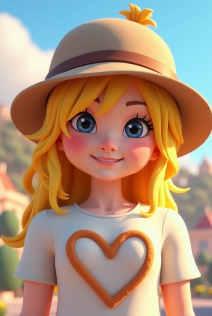 Create a Roblox character with blonde hair, with a hat on her head and a white top with a brown heart drawn on it.