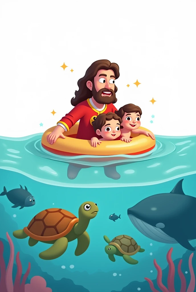 Make a cartoon art I want Jesus dressed as a lifeguard in the sea, with 2 children on a float.
Place turtles, fish and whale I want a white background I don't want a square image I want Jesus without glasses