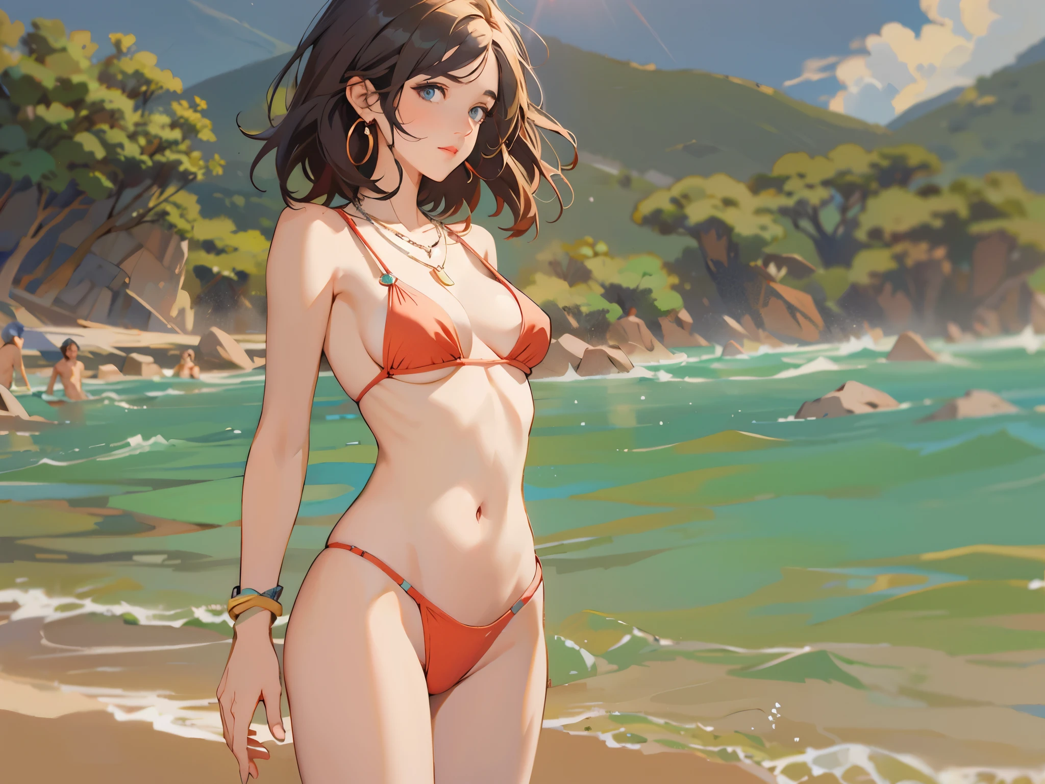 one person, Short Bob Hair, bionde, Earrings, necklace,bracelet,anklet,Waist Jewelry,Highest quality, Anatomically correct, Lens flare, High resolution, Highest quality, Attention to detail, 超High resolution, Wide-angle shot, far and near method, Swimwear,Put your hands forward to emphasize your chest,Red Bikini,Adult wheremen,where_Eva Green 01,8k octane, figure, Ghibli-style colors, are not drawn