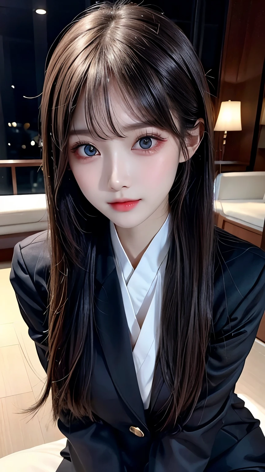 masterpiece: 1.25, highest quality, High resolution:1.35, Raw photo:1.2, realistic:1.37, surreal, 16k, Japanese((1 girl)), cute face, long eyelashes, fine eyelashes, eye shadow, shining eyes, realistic eyes, natural makeup, clear facial features, curvaceous physique, skinny, slender body, fine and beautiful eyes: 1.2, happy expression, Ulzzang, erotic thighs, Glossy skin, photon mapping, cinematic lighting, all fours、(suit、ol uniform),  huge and taut breasts