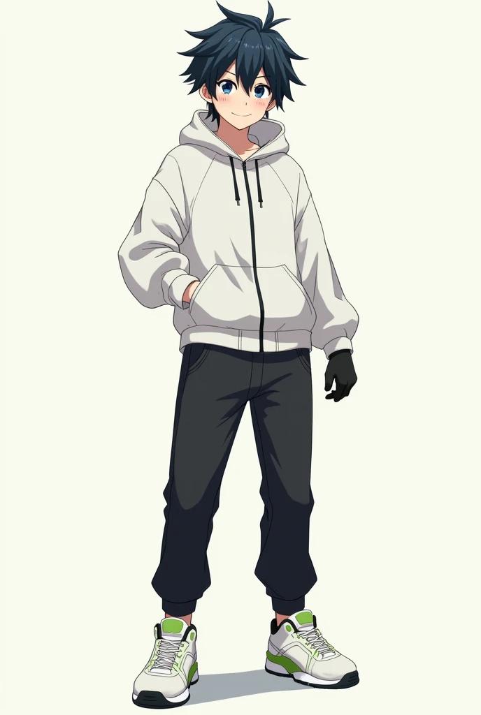 A male teenage anime style character With slightly long black hair that is a little spiky with the hair slightly shading his face, navy blue eyes, happy, Jaketa White jacket, black pants, white sneakers with green, and with black gloves.