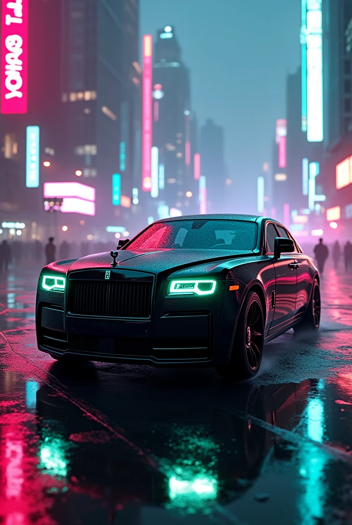 A Rolls Royce Ghost black badge in a Cyberpunk city with pink and blue colour light with green headlight 