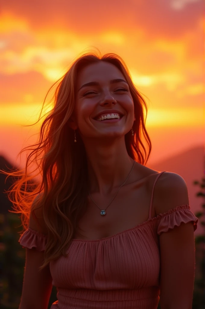 Happy woman with sunset