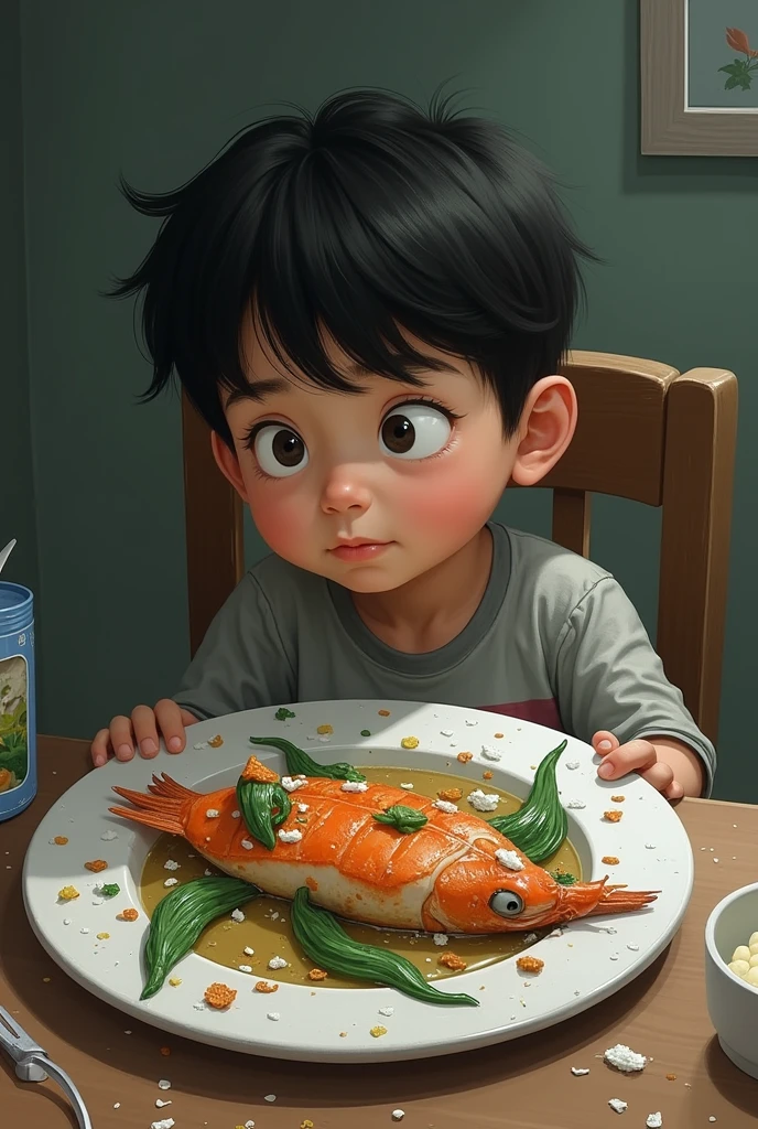 Create a picture of a boy eating a dish fish contaminated with plastics