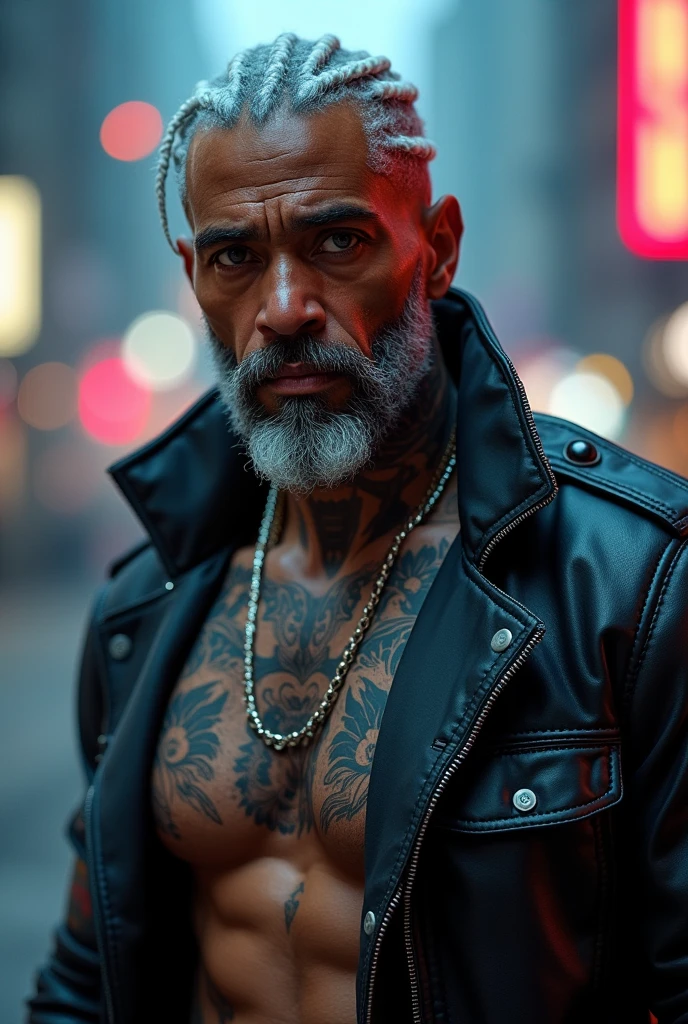 "Dark theme :: Closeup of face, Ultra realistic cyberpunk style muscular tattooed male with piercings and white hair (cornrows) and chin beard sitting :: cyberpunk way (grey eyes) :: cool cyber punk jacket neon eyes :: shirtless:: Afro-American :: natural lighting :: bokeh :: 8k :: Best Quality :: masterpiece :: Futuristic cityscape background"