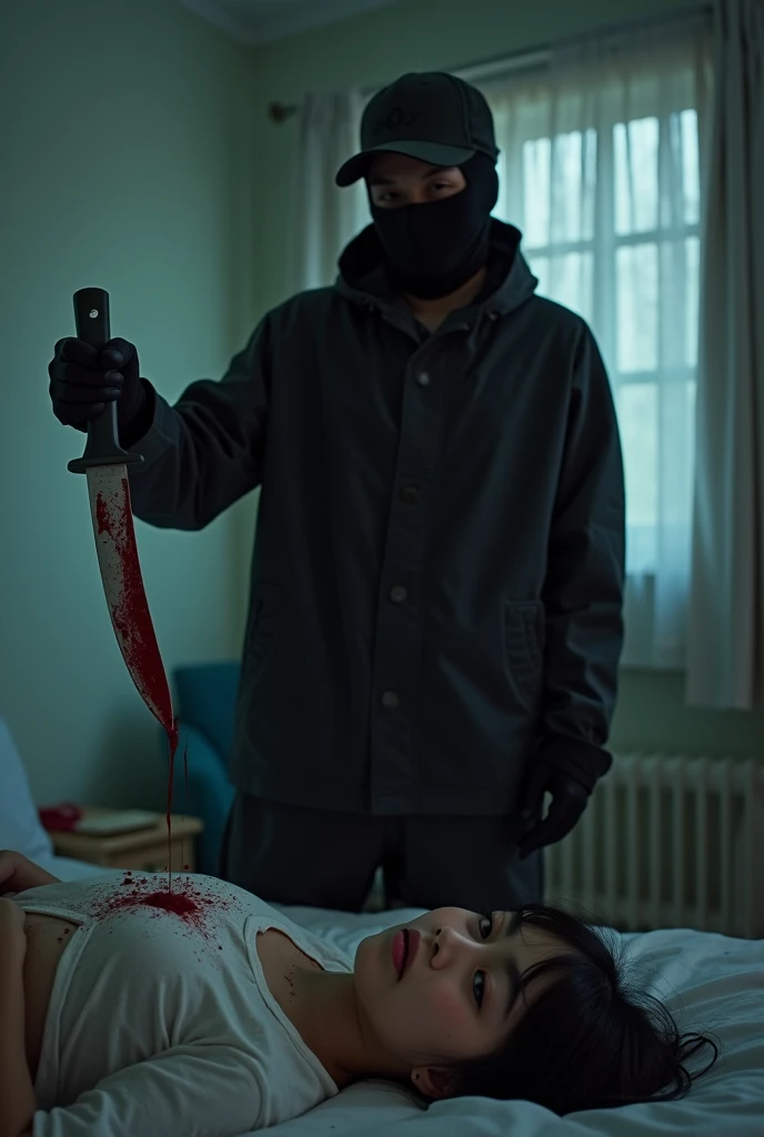 korean girl, (behind stiff, holding knife), stabbing, black balaclava mask, black gloves, girl's room, black raincoat, trucker hat, bloody knife, black gloves, woman on top, behind cadaver, blood splatter, on the bed, looking at viewer, mass murderer, killer, blood splatter, dark atmosphere, cinematic lighting, atmospheric realistic, light from the window,