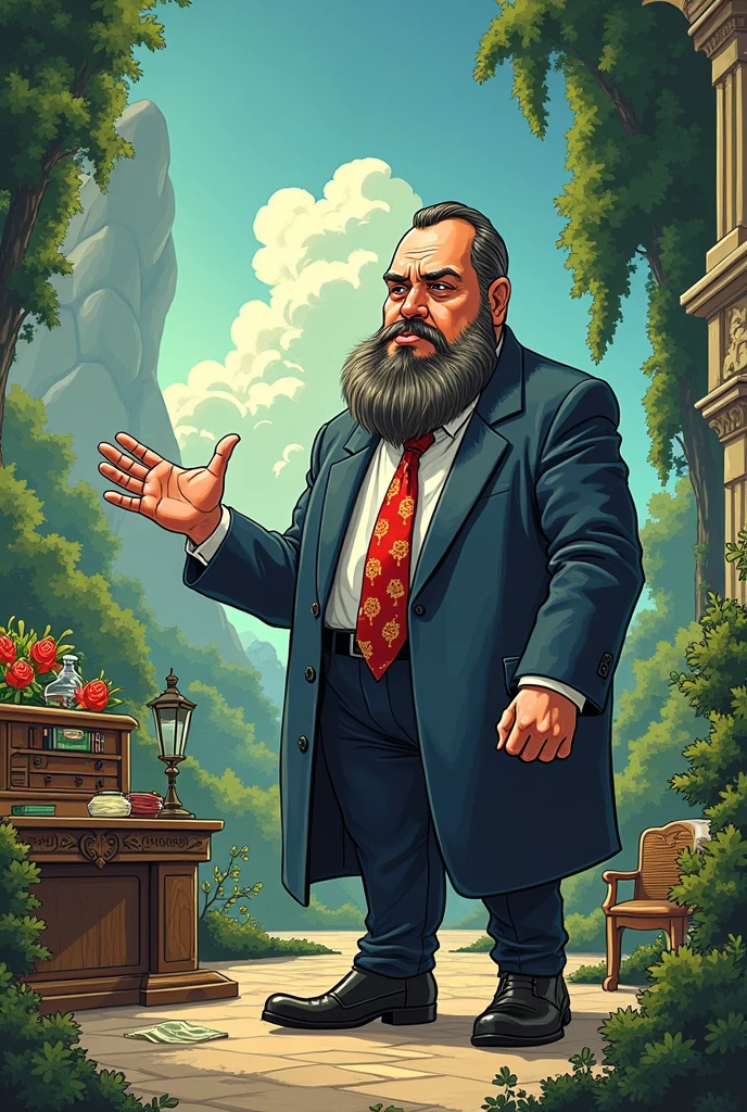 Let's create a cartoon about a historical park in Bulgaria, where the boss has an obsession with grandeur and his subordinates are ready to die for him, regardless of the fact that he manipulates them financially by taking their money, lying to them about how green energy will kill the population and nature