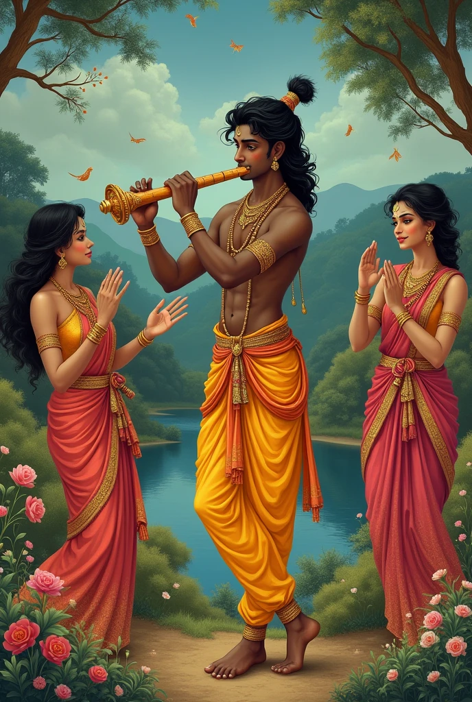 Sri Krishna mesmerizing Gopikas with flute