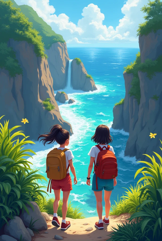 Two girls, traveling to the sea waterfall, travel logo