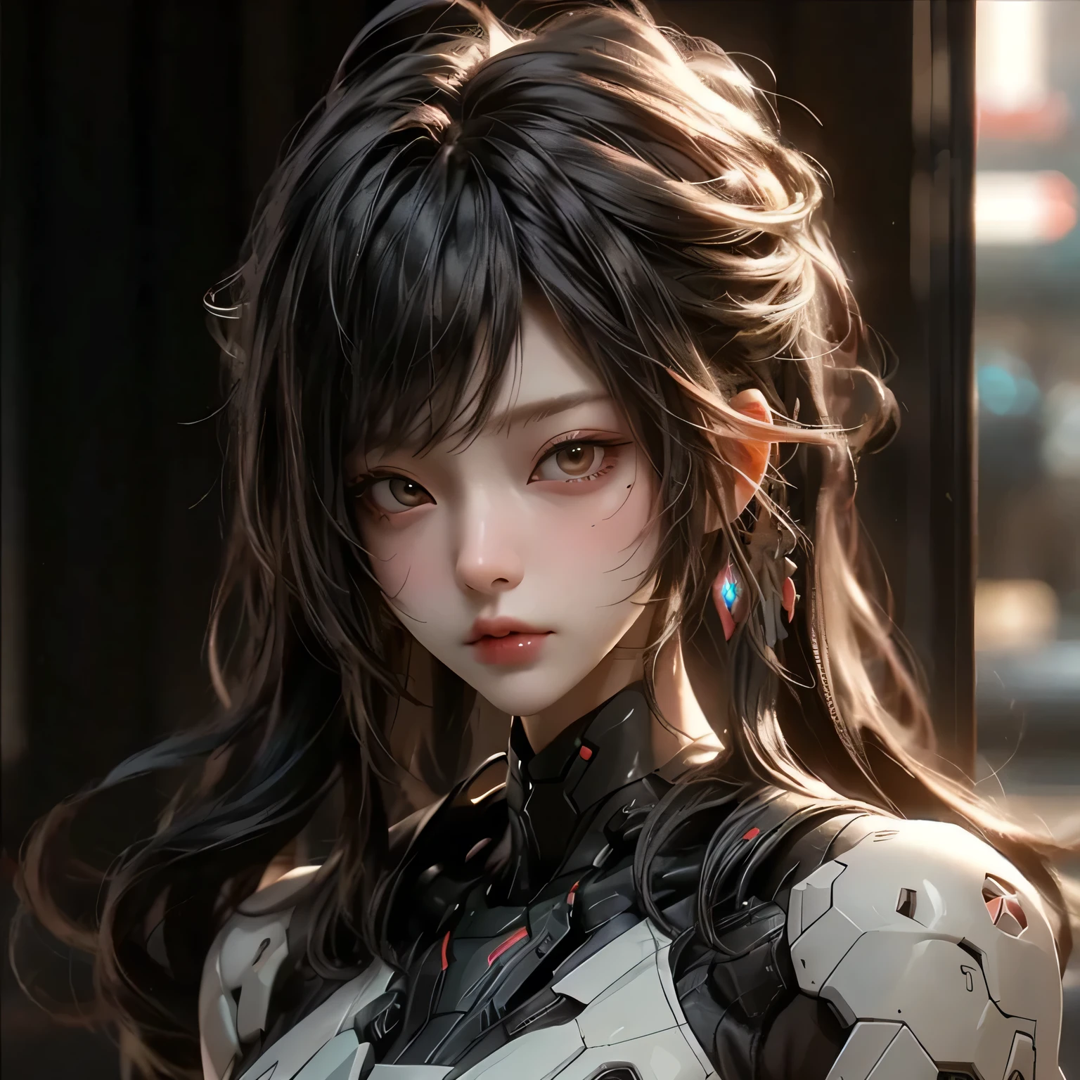 ((best quality)), ((Masterpiece)), (details:1.4), 3d, Image of a beautiful cyberpunk woman., HDR (high dynamic range), mature woman, Curtain Bangs, Red hair, white eyes, battle suit, PBR surface, After processing, Anisotropic filtration,depth of field, Maximum clarity and clarity, multi-layered surface, perfect proportions, 8K raw files, cyberpunk, at night, ผมหลายชั้น, กระโปรงสั้น, natural lighting, soft lighting, sunlight, หน้าอกใหญ่,